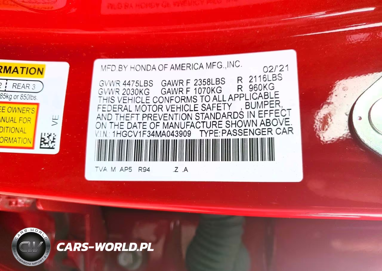 2021 Honda Accord Sport VIN:1HGCV1F34MA043909 - 12