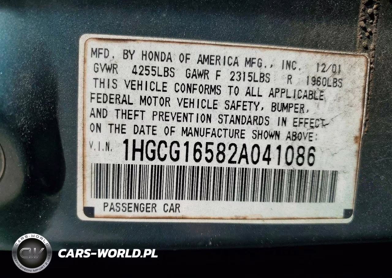 2002 Honda Accord Ex VIN:1HGCG16582A041086 - 13