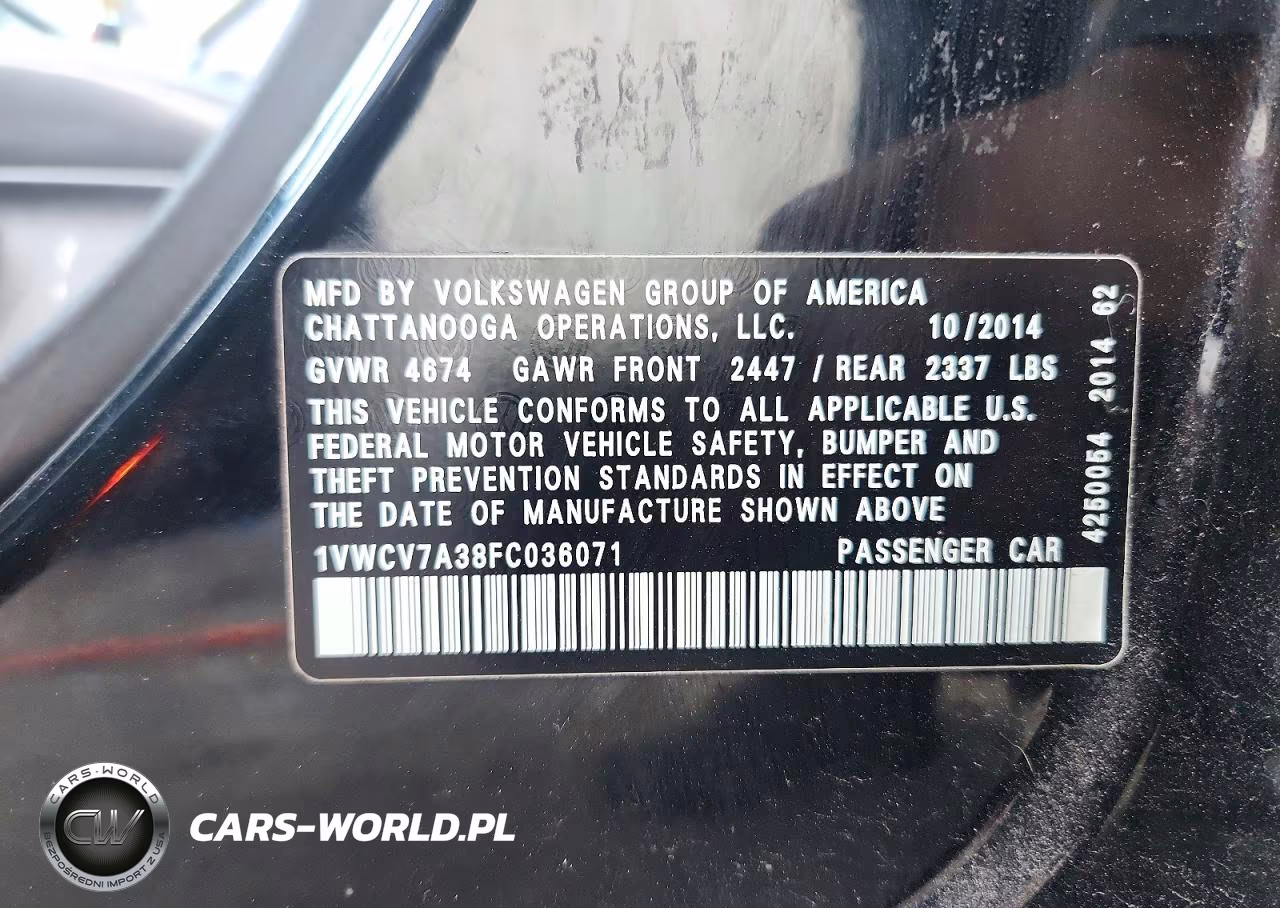 2015 Volkswagen Passat Sel VIN:1VWCV7A38FC036071 - 12