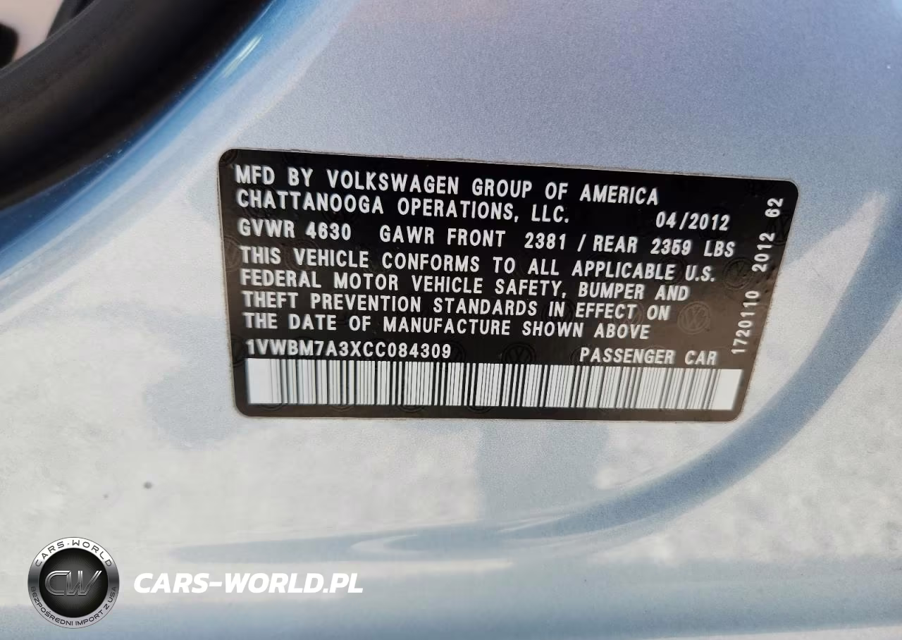 2012 Volkswagen Passat Se VIN:1VWBM7A3XCC084309 - 12