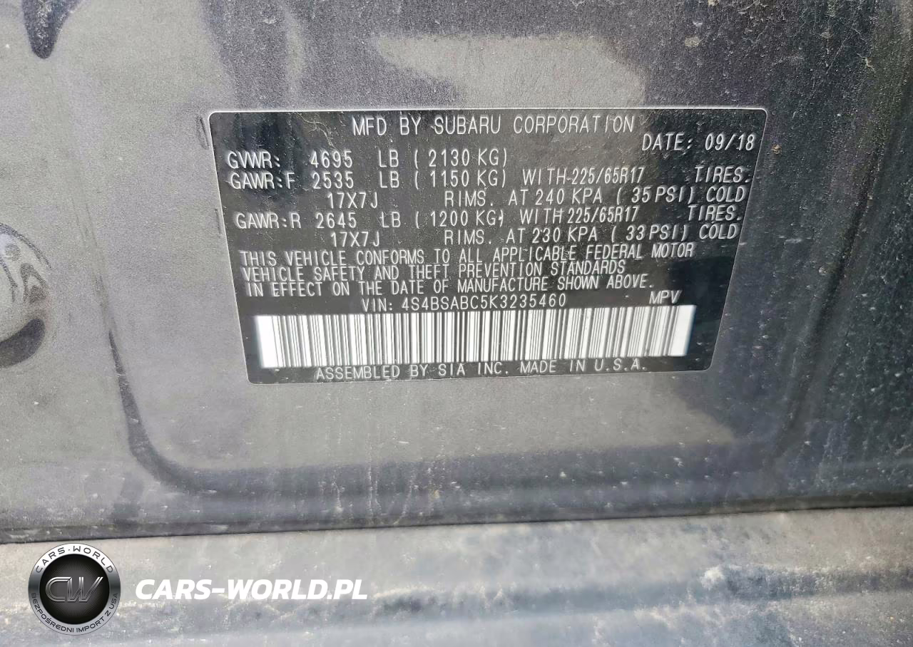 2019 Subaru Outback 2.5I VIN:4S4BSABC5K3235460 - 12