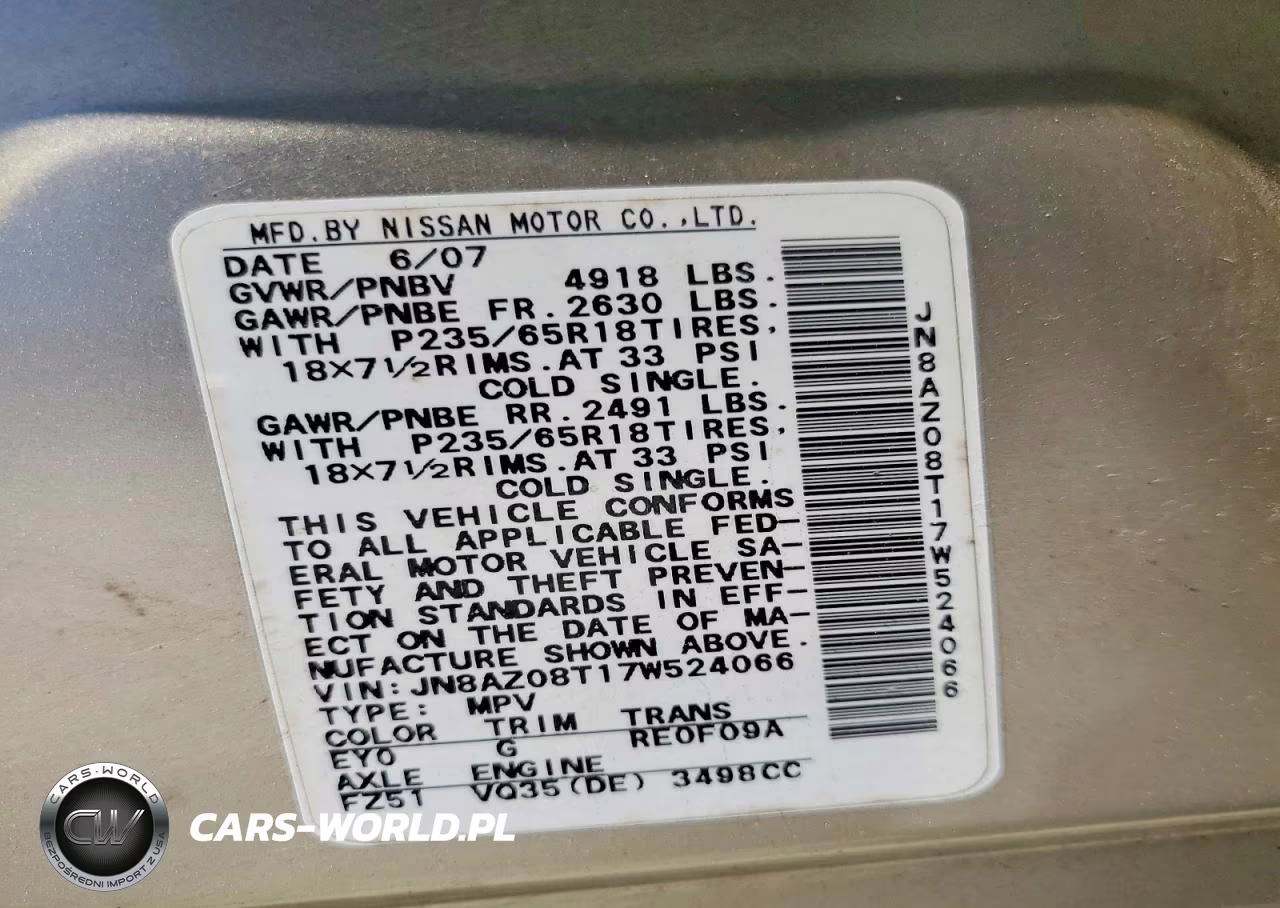 2007 Nissan Murano S VIN:JN8AZ08T17W524066 - 13