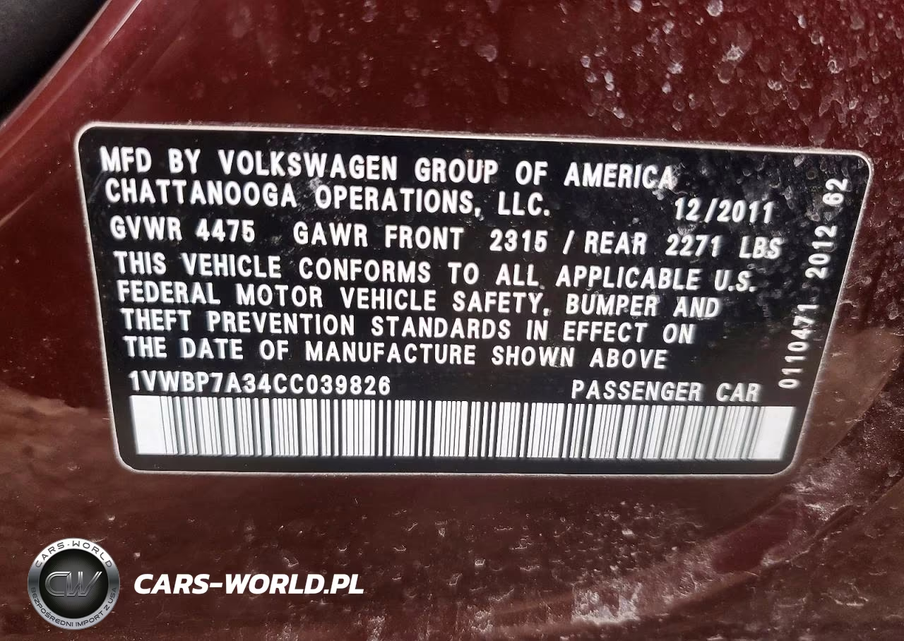 2012 Volkswagen Passat Se VIN:1VWBP7A34CC039826 - 12