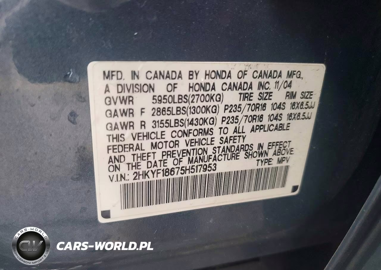 2005 Honda Pilot Exl VIN:2HKYF18675H517953 - 12