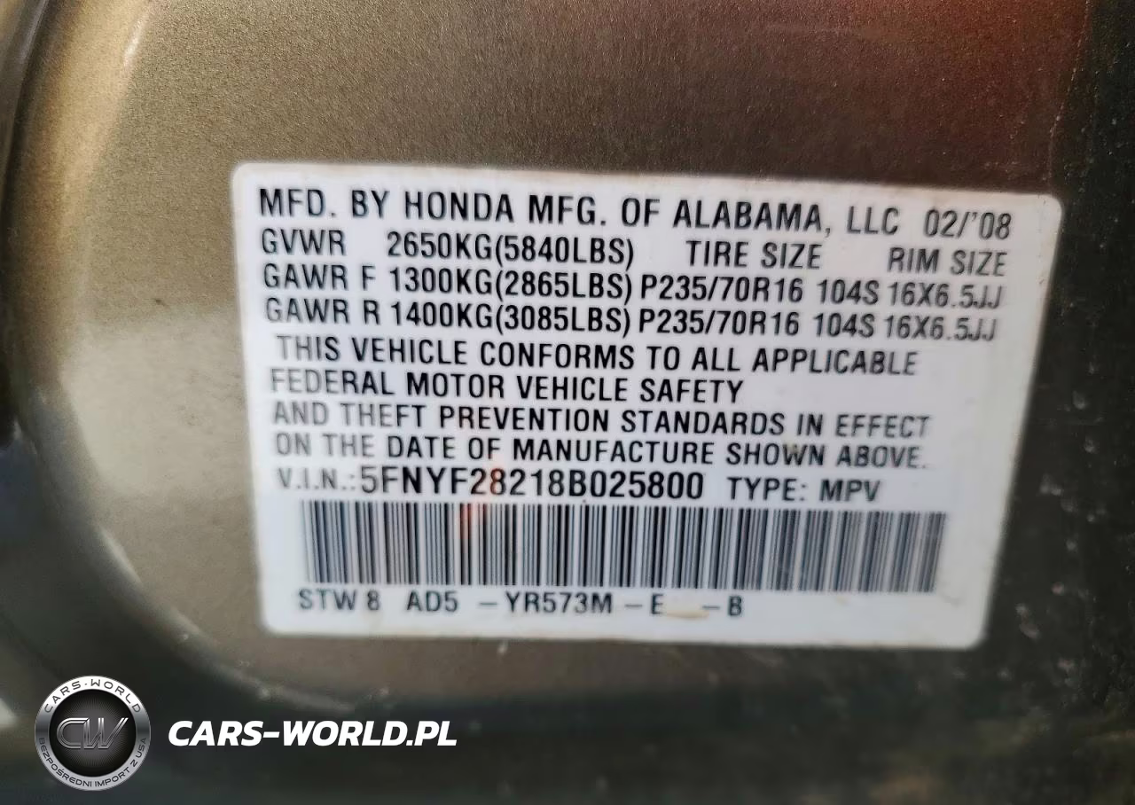 2008 Honda Pilot Vp VIN:5FNYF28218B025800 - 13