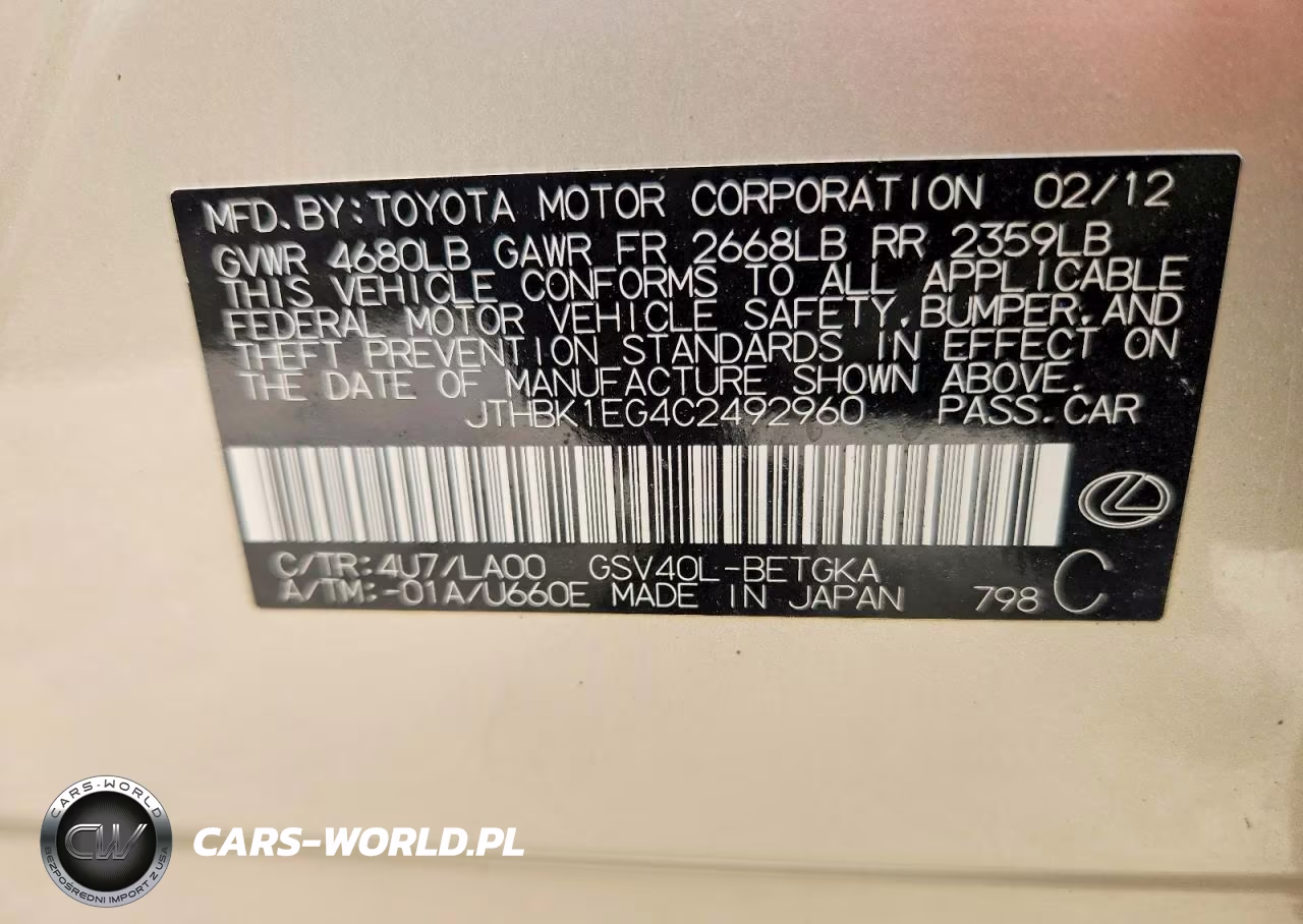 2012 Lexus Es 350 VIN:JTHBK1EG4C2492960 - 12