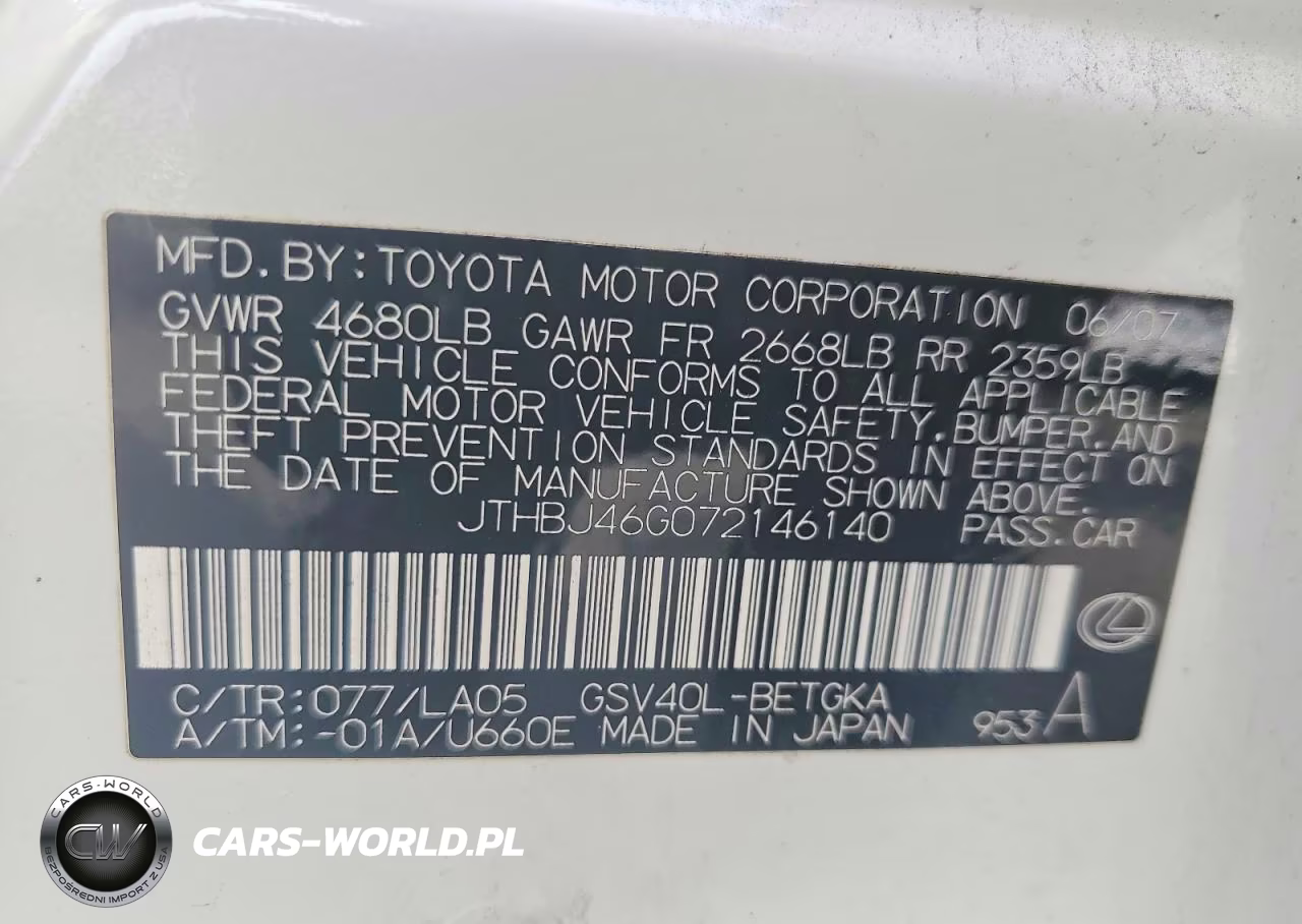 2007 Lexus Es 350 VIN:JTHBJ46G072146140 - 12
