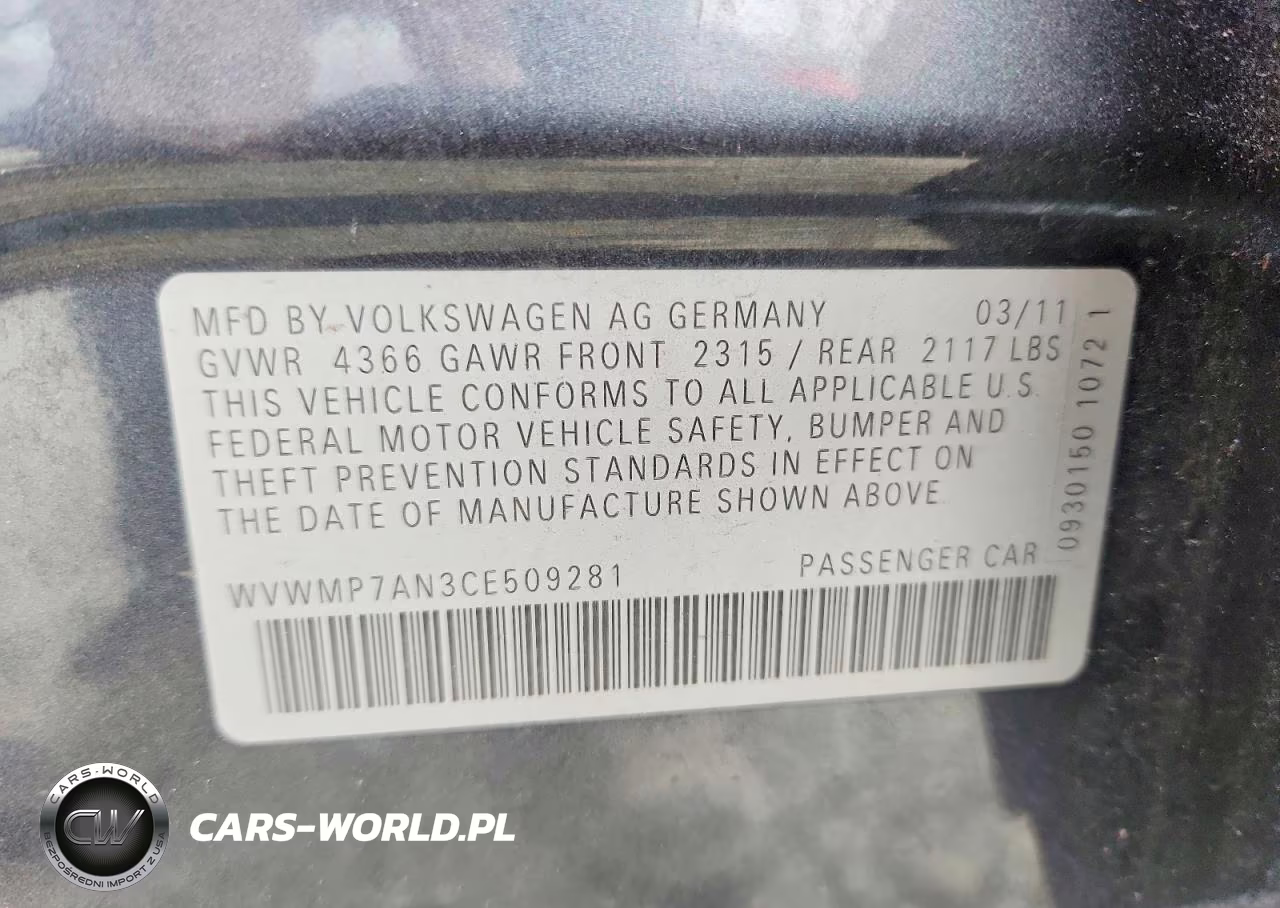 2012 Volkswagen Cc Sport VIN:WVWMP7AN3CE509281 - 13