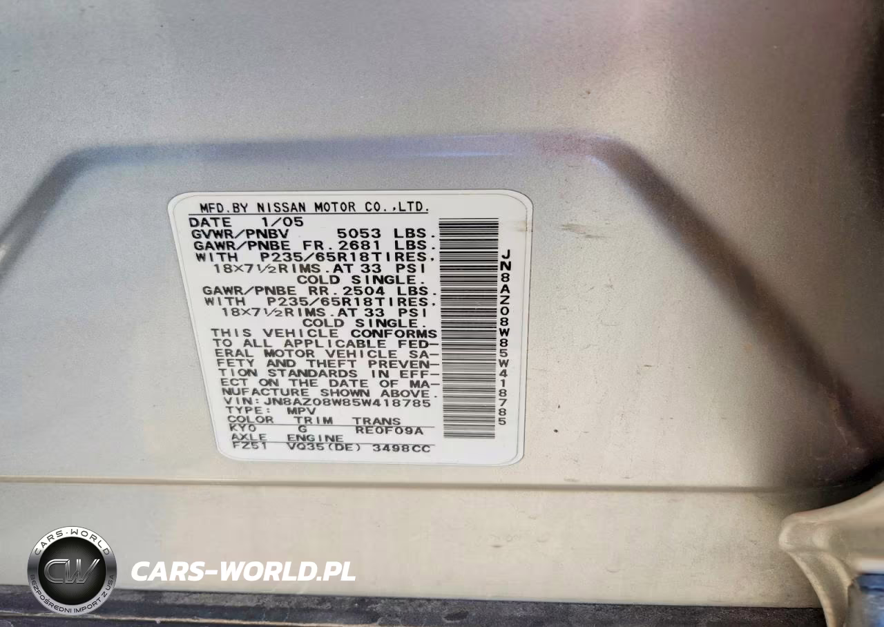 2005 Nissan Murano S VIN:JN8AZ08W85W418785 - 13