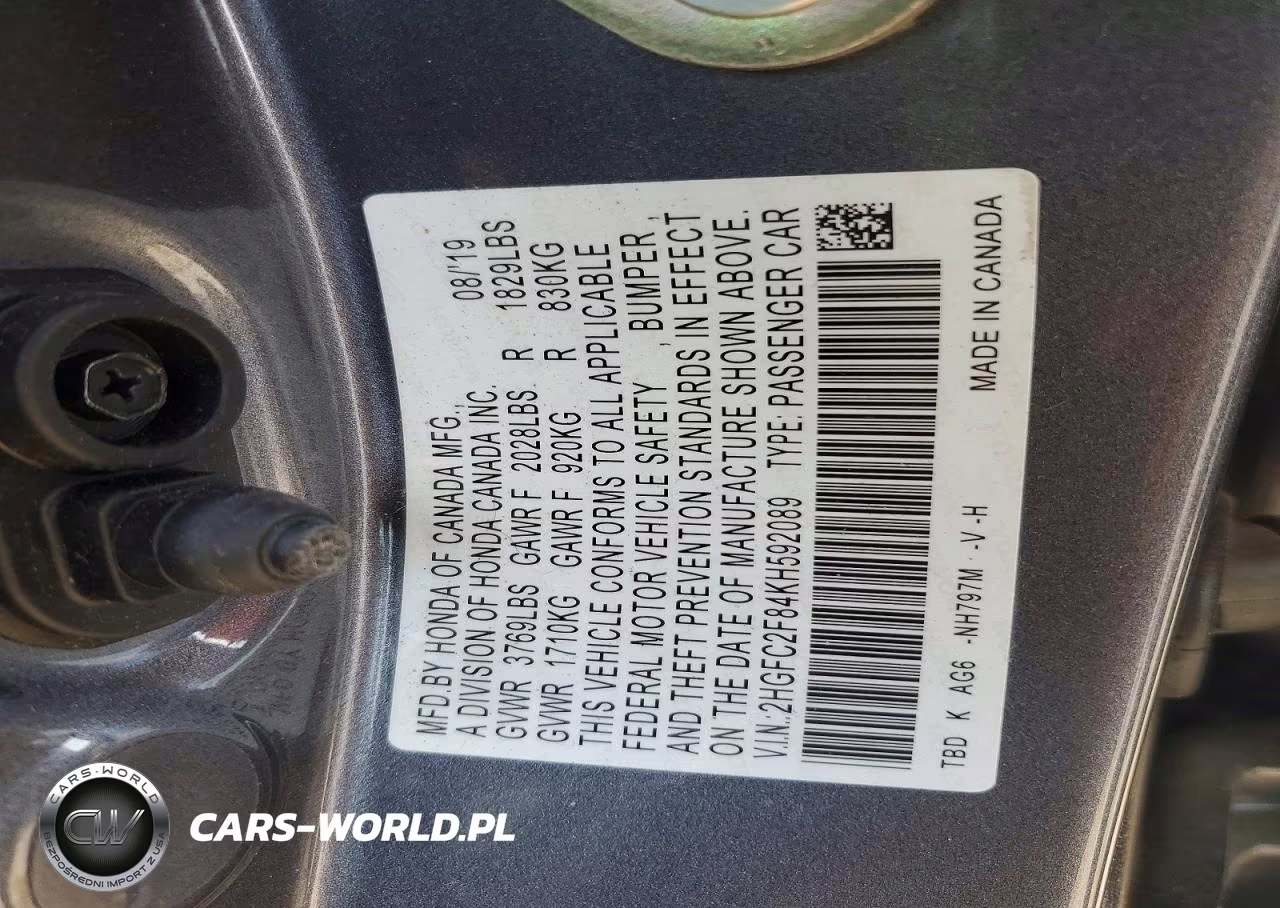 2019 Honda Civic Sport VIN:2HGFC2F84KH592089 - 13