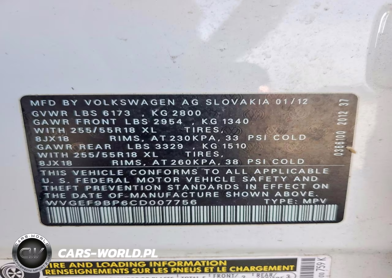 2012 Volkswagen Touareg V6 VIN:WVGEF9BP6CD007756 - 13