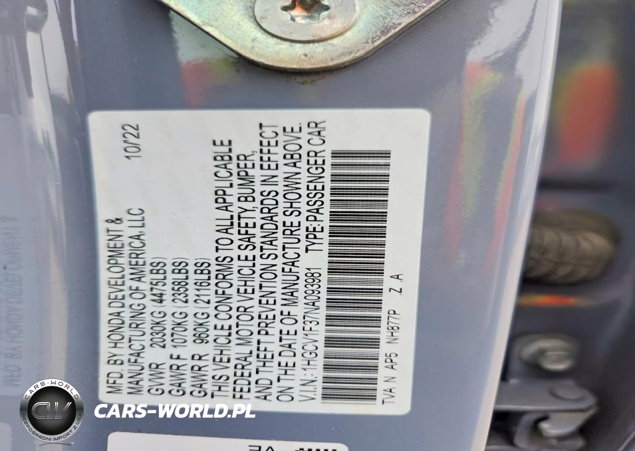 2022 Honda Accord Sport VIN:1HGCV1F37NA093981 - 13