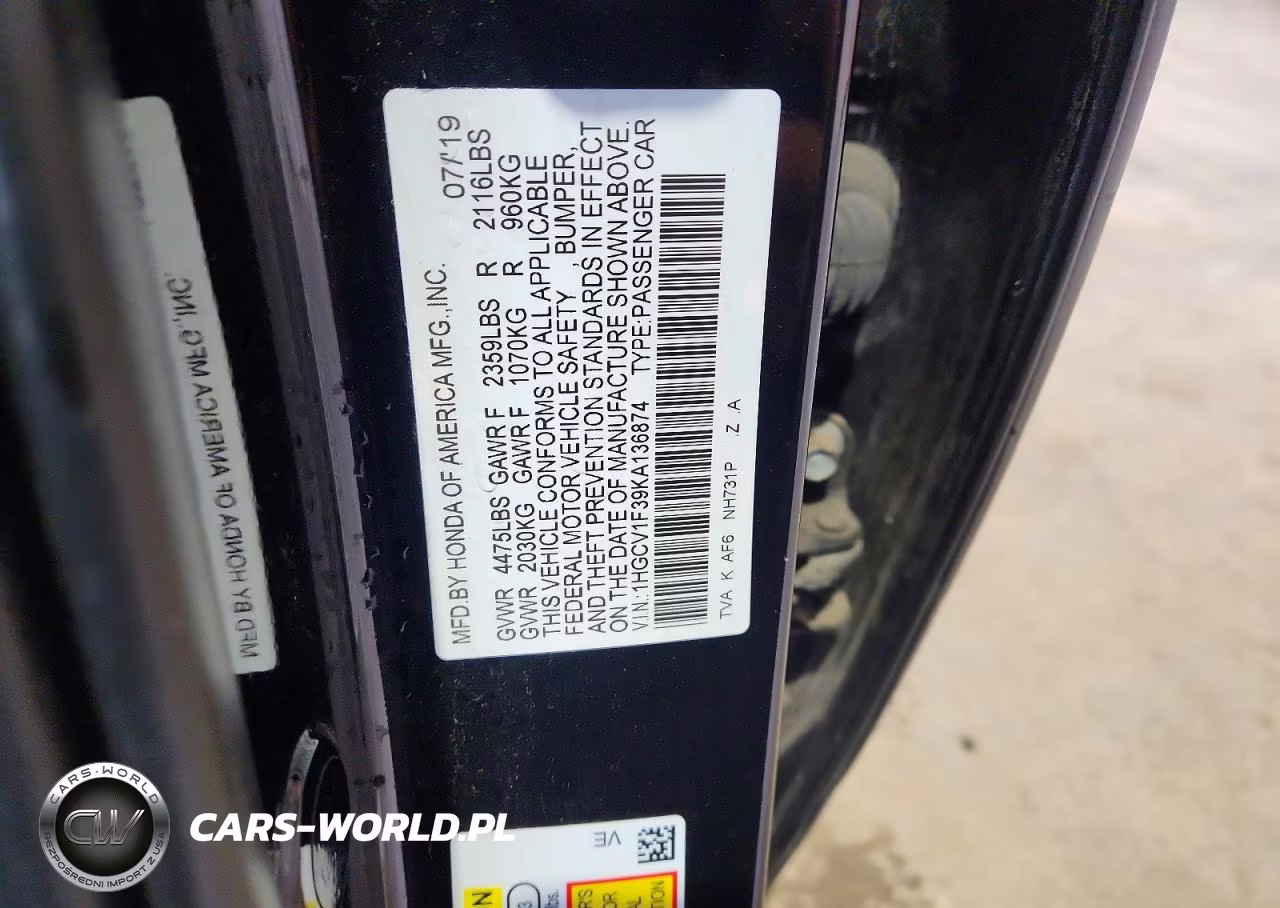 2019 Honda Accord Sport VIN:1HGCV1F39KA136874 - 12