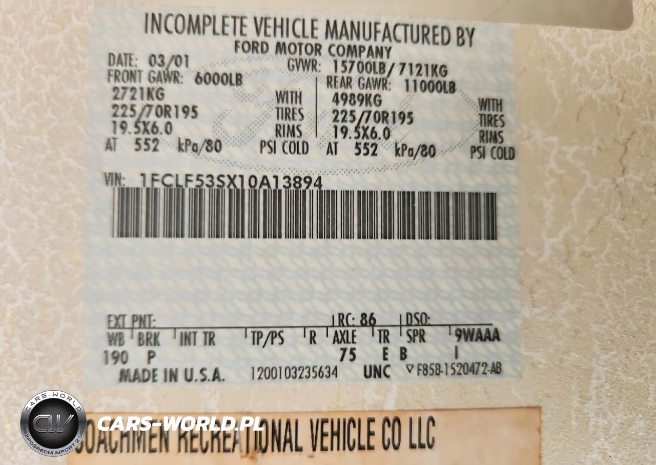 2002 Ford Motorhome Chassis VIN:1FCLF53SX10A13894 - 10