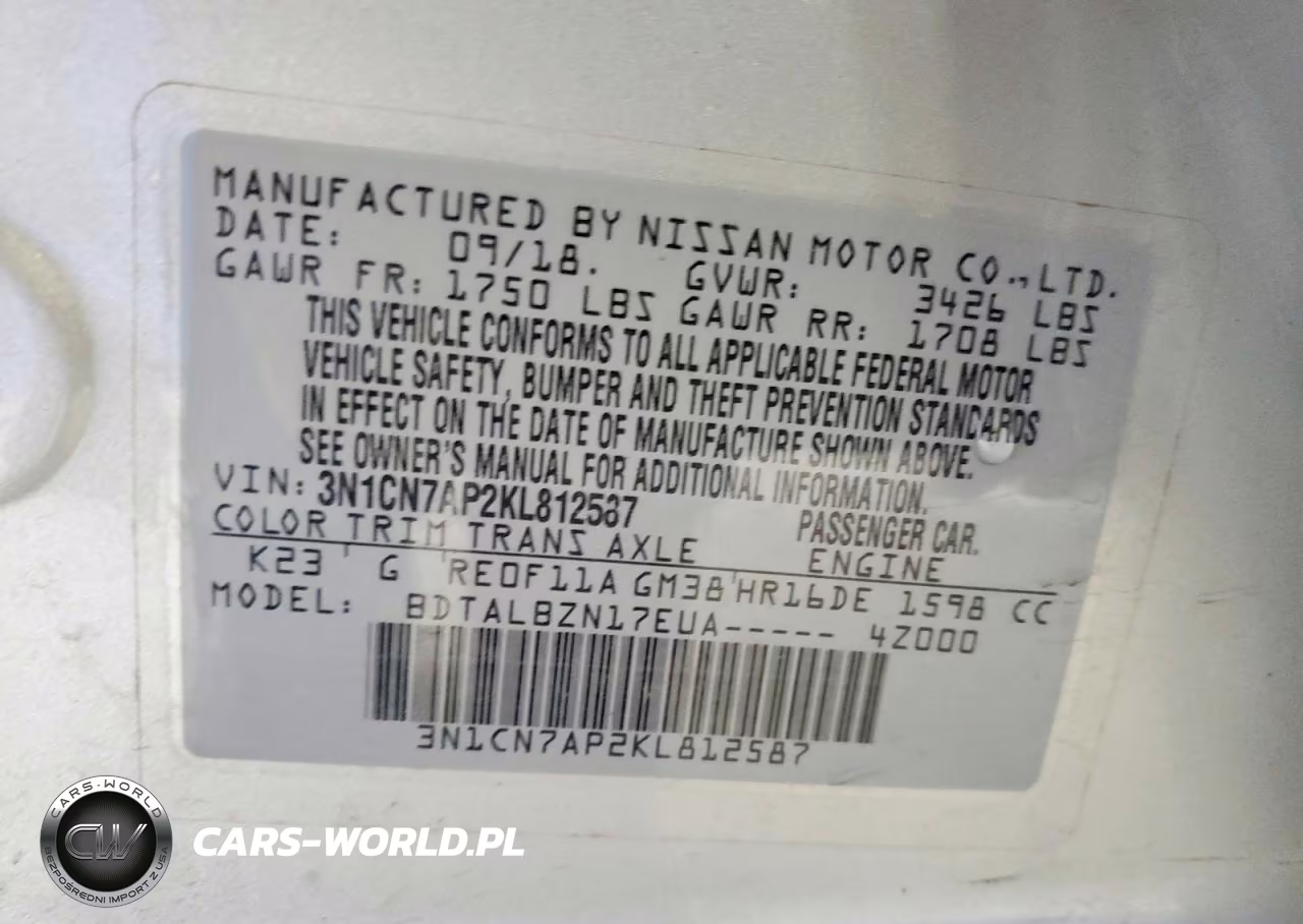 2019 Nissan Versa Sv VIN:3N1CN7AP2KL812587 - 12