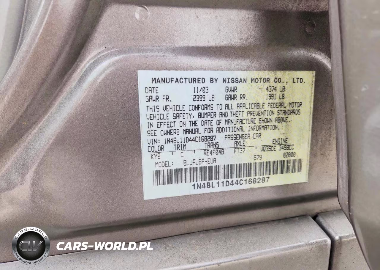 2004 Nissan Alitma VIN:1N4BL11D44C168287 - 12