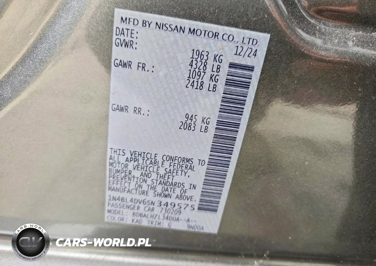 2025 Nissan Altima Sv VIN:1N4BL4DV6SN349575 - 12