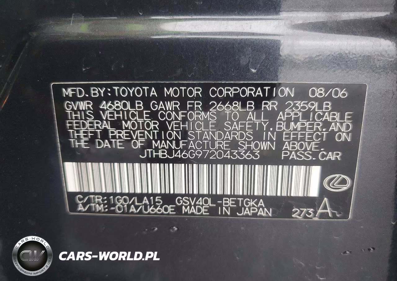2007 Lexus Es 350 VIN:JTHBJ46G972043363 - 12