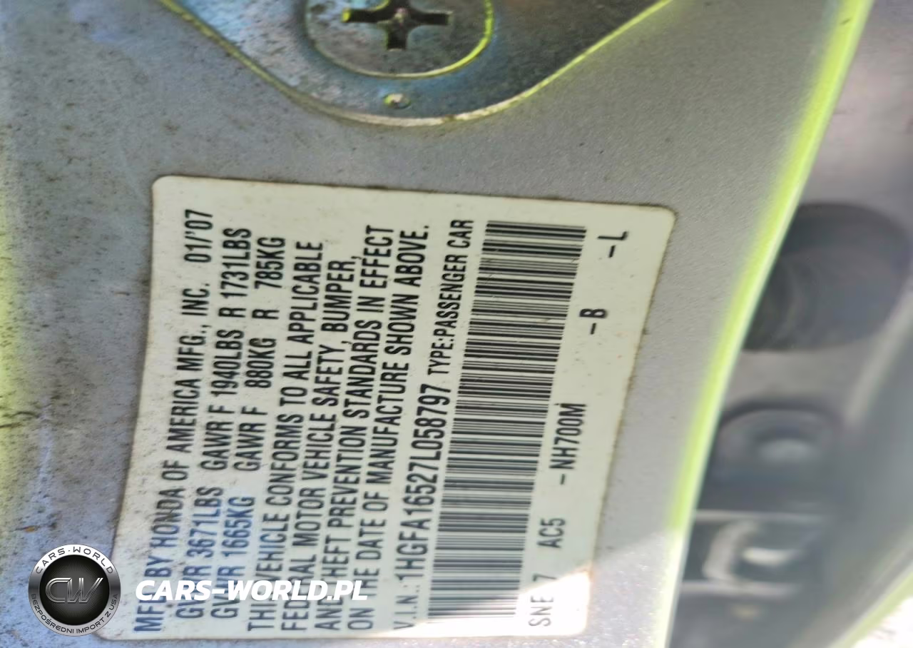 2007 Honda Civic Lx VIN:1HGFA16527L058797 - 12