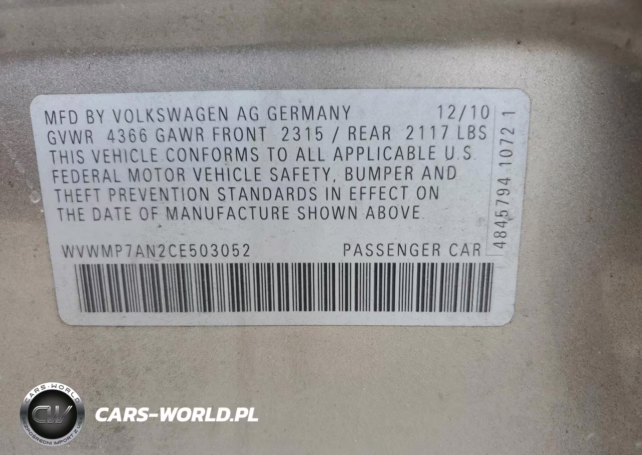 2012 VOLKSWAGEN CC SPORT VIN:WVWMP7AN2CE503052 - 12