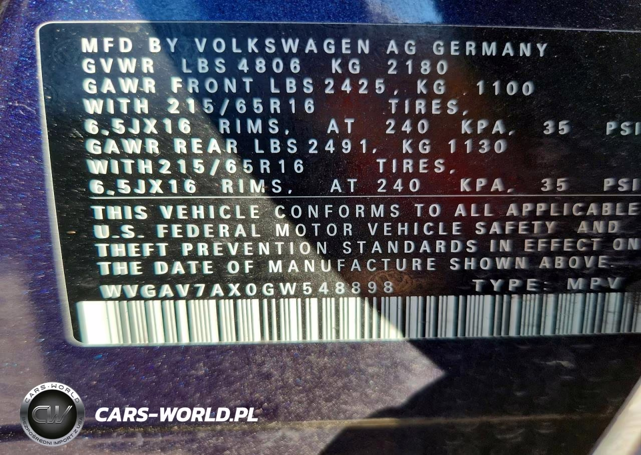 2016 Volkswagen Tiguan S VIN:WVGAV7AX0GW548898 - 13