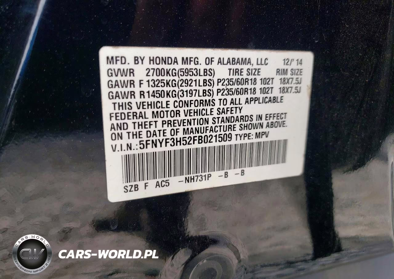 2015 Honda Pilot Exl VIN:5FNYF3H52FB021509 - 14