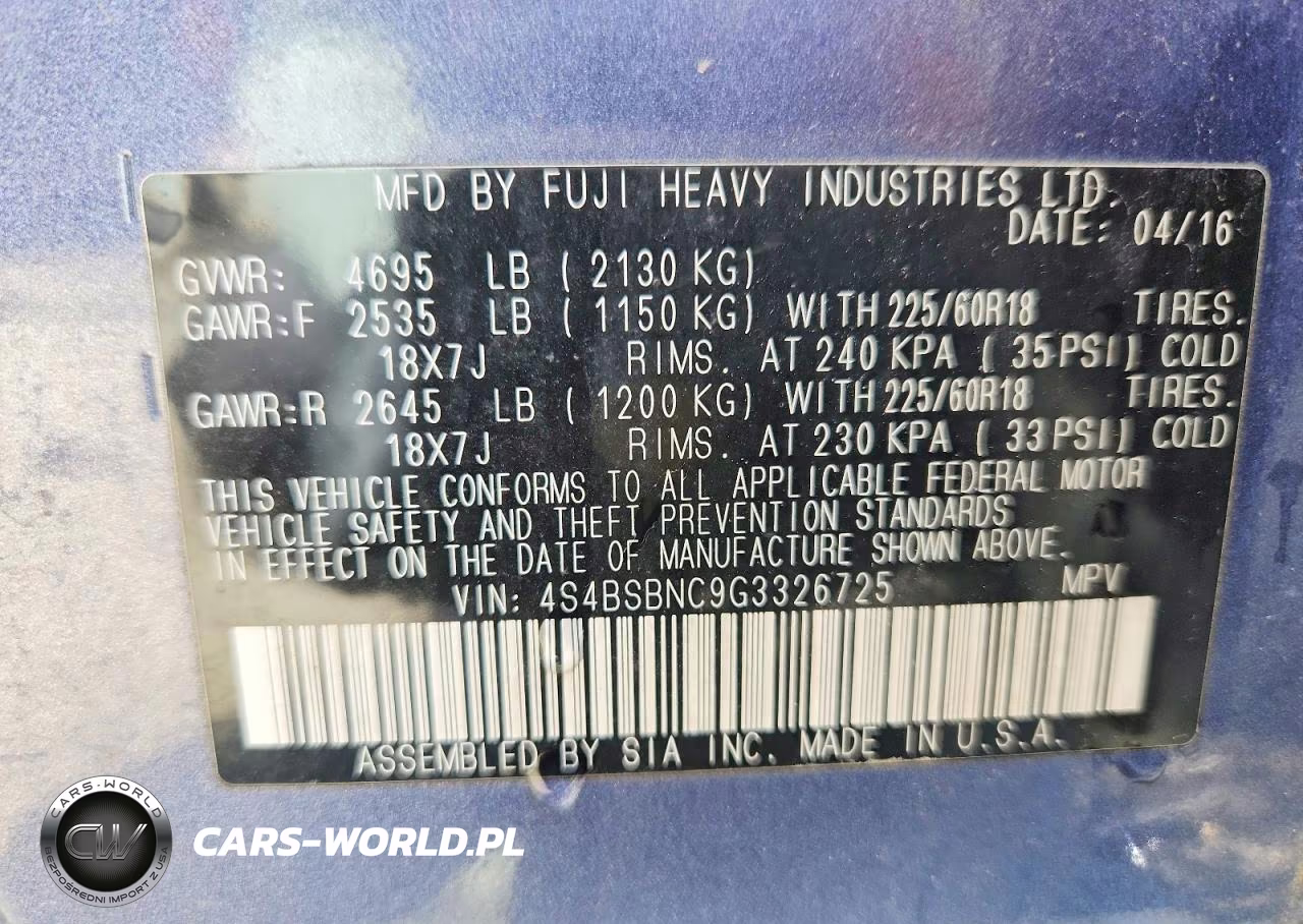 2016 Subaru Outback 2.5I Limited VIN:4S4BSBNC9G3326725 - 14