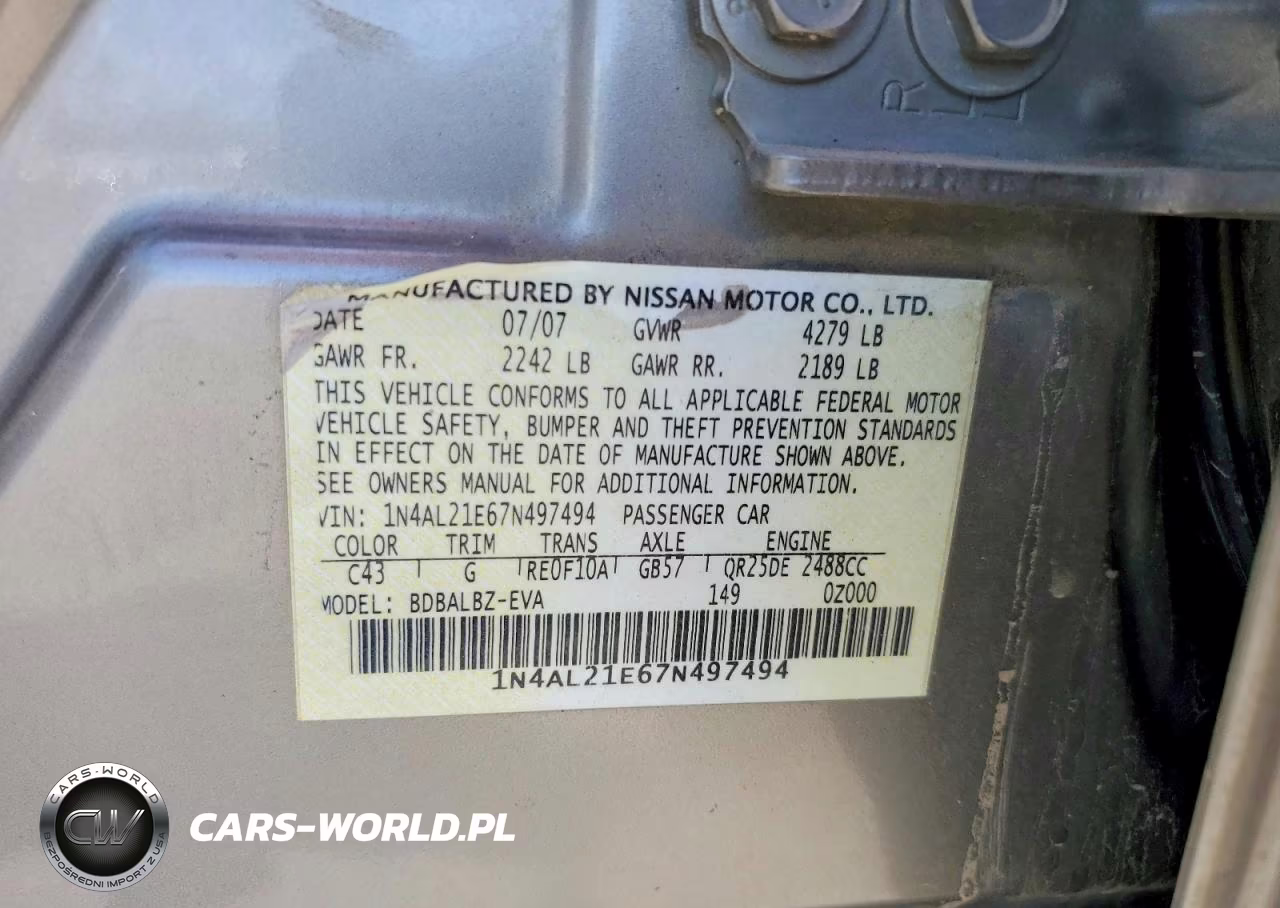 2007 Nissan Altima 2.5 VIN:1N4AL21E67N497494 - 13