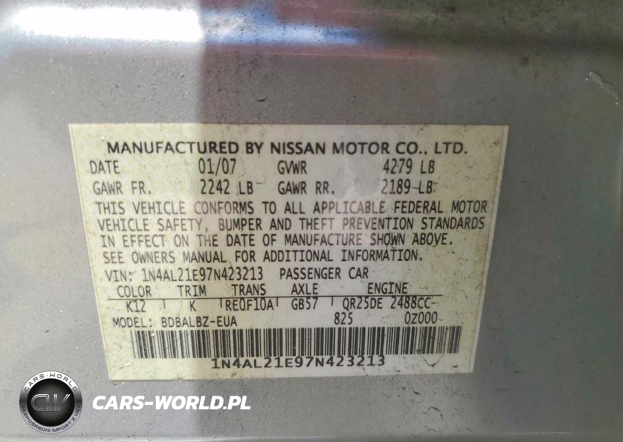 2007 Nissan Altima 2.5 VIN:1N4AL21E97N423213 - 12