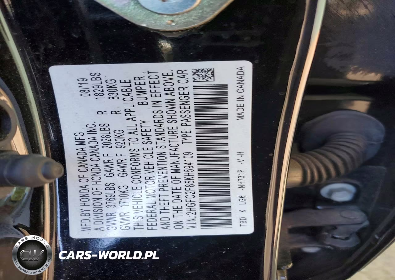 2019 Honda Civic Sport VIN:2HGFC2F85KH594109 - 12