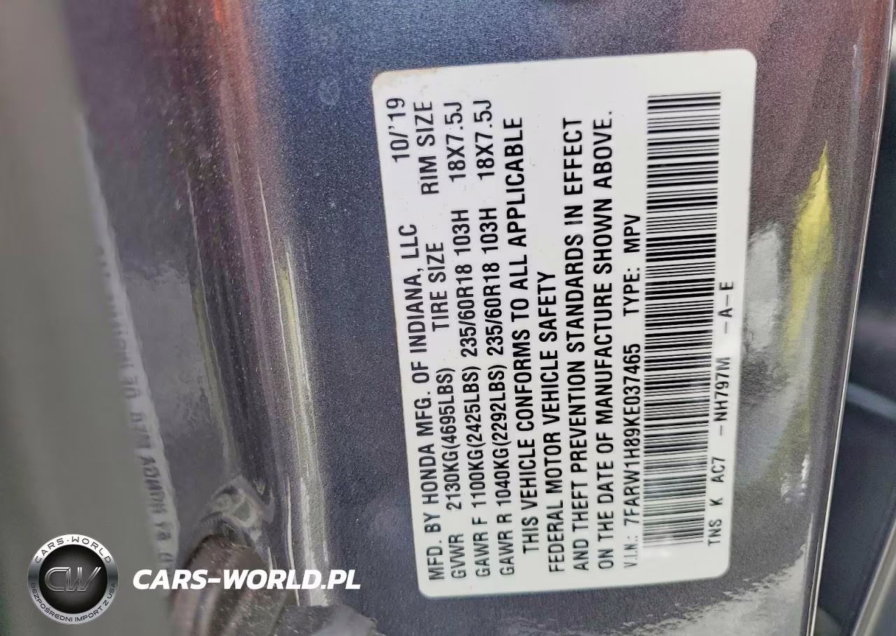 2019 Honda Cr-V Exl VIN:7FARW1H89KE037465 - 14