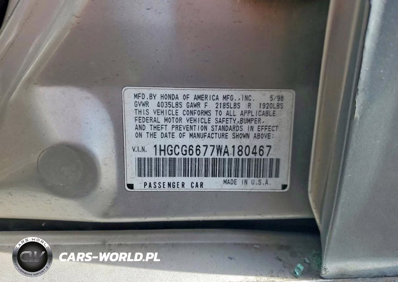 1998 Honda Accord Ex VIN:1HGCG6677WA180467 - 12