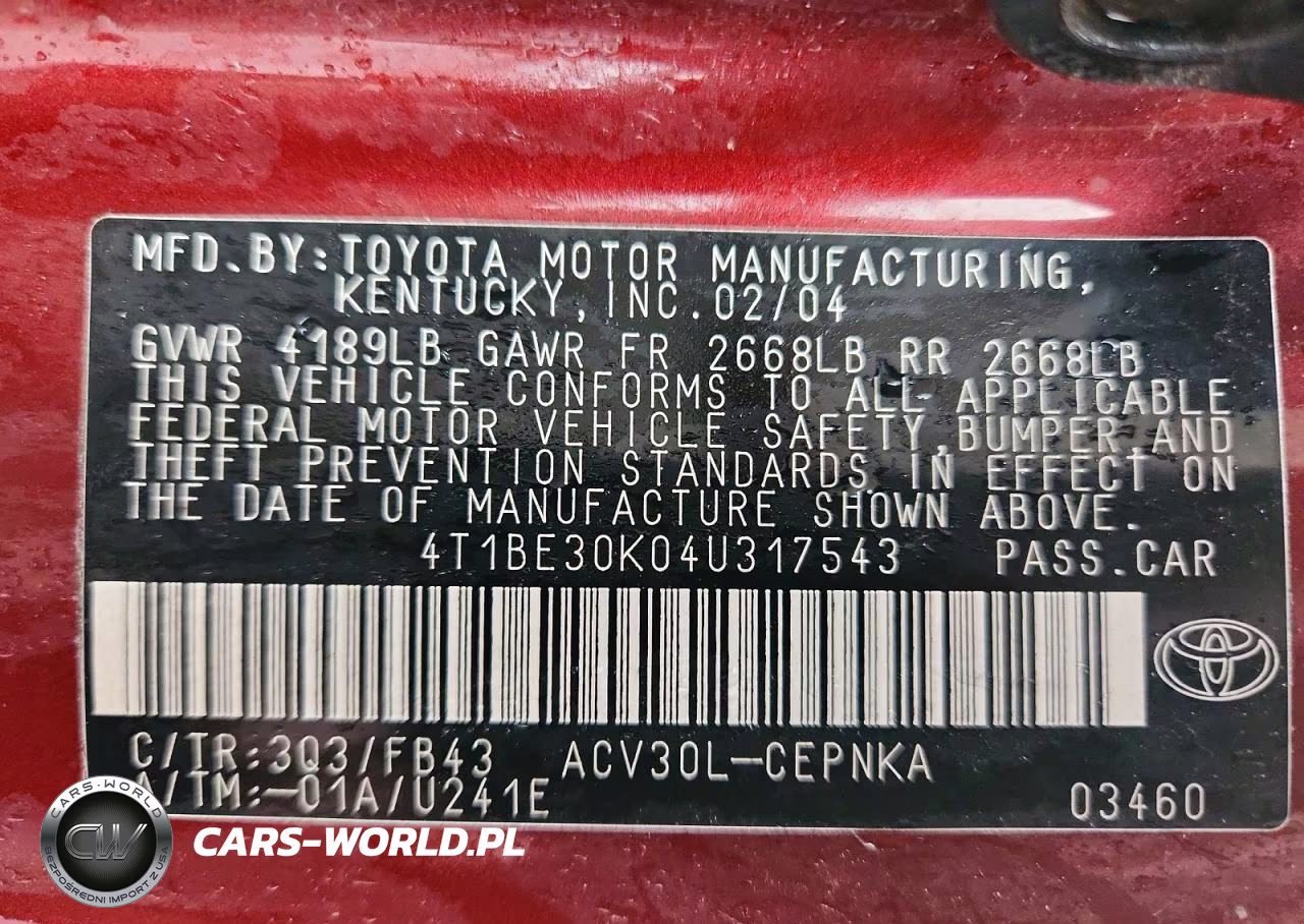 2004 Toyota Camry Le VIN:4T1BE30K04U317543 - 12
