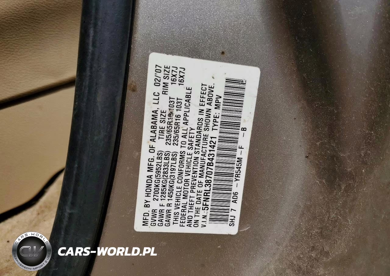 2007 Honda Odyssey Exl VIN:5FNRL38707B431421 - 14