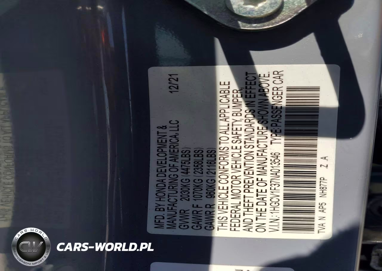 2022 Honda Accord Sport VIN:1HGCV1F37NA013546 - 12