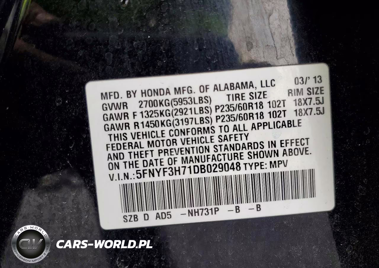 2013 Honda Pilot Exln VIN:5FNYF3H71DB029048 - 13