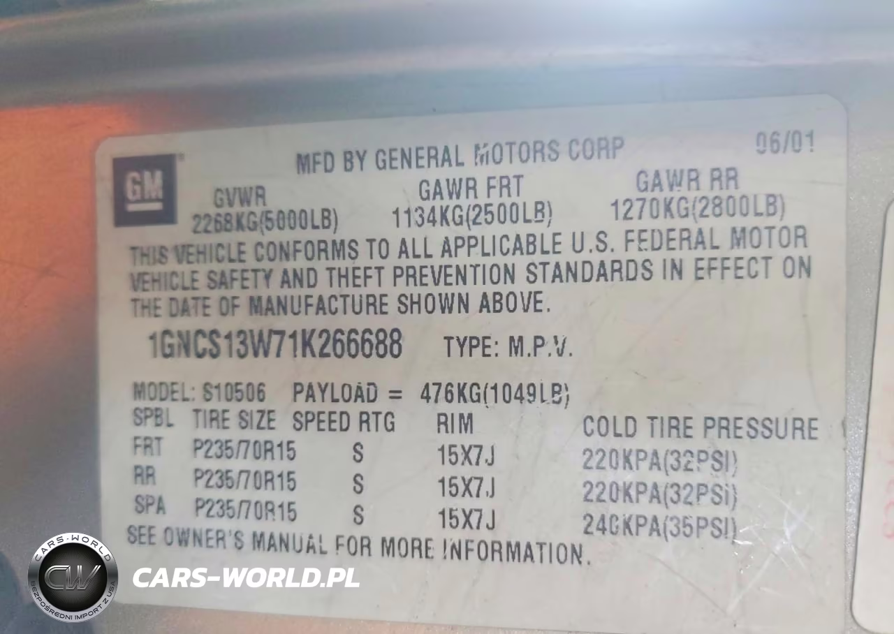 2001 Chev Blazer VIN:1GNCS13W71K266688 - 12