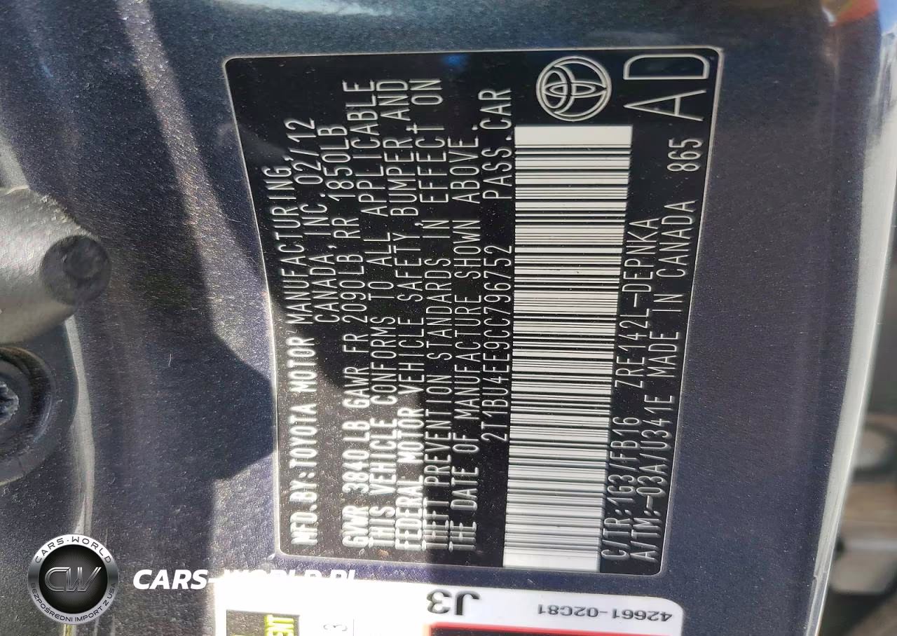 2012 Toyota Corolla Le VIN:2T1BU4EE9CC796752 - 12
