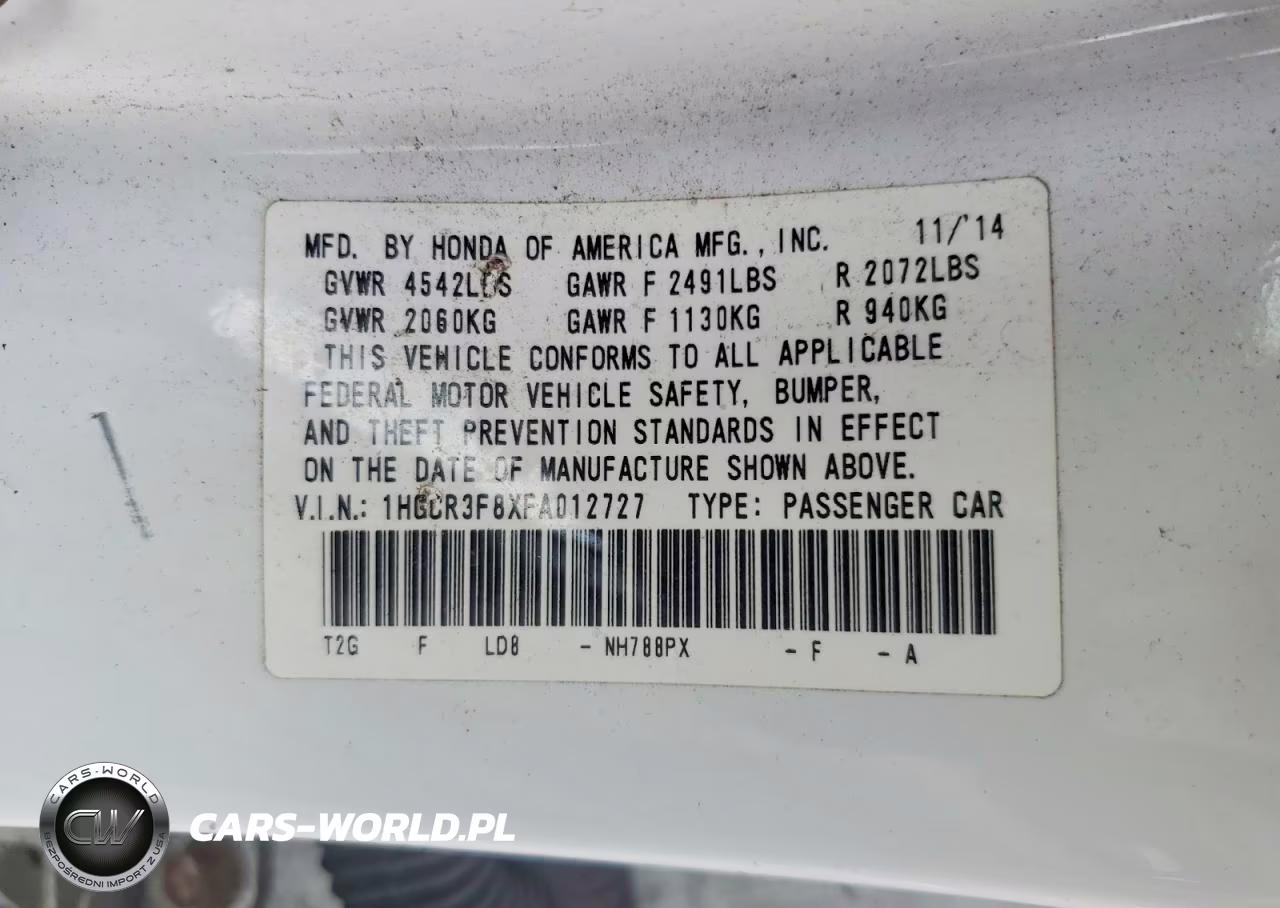 2015 Honda Accord Exl VIN:1HGCR3F8XFA012727 - 12