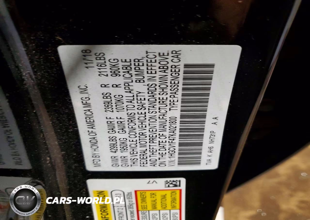 2019 Honda Accord Ex VIN:1HGCV1F47KA021800 - 13