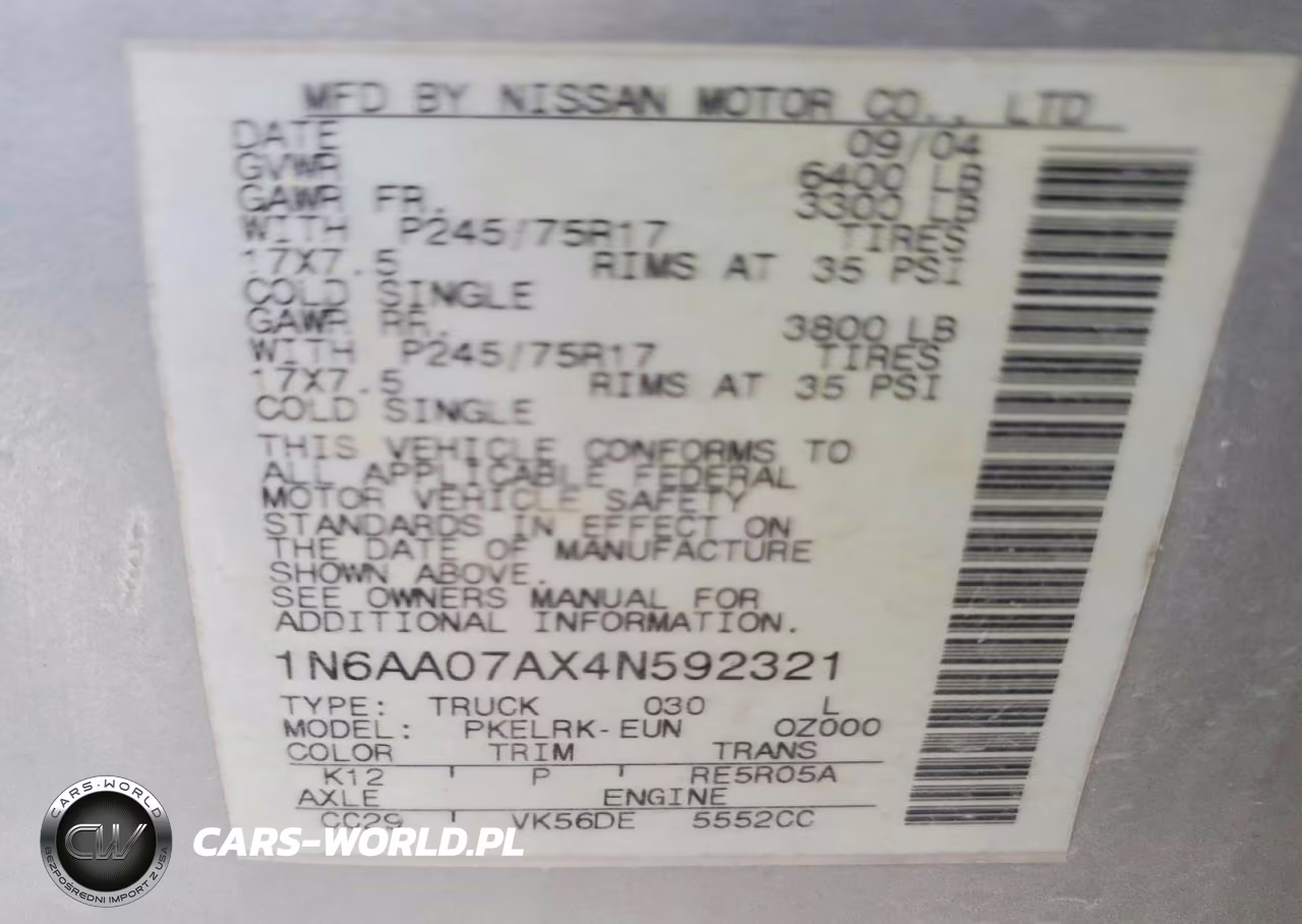 2004 Nissan Titan Xe VIN:1N6AA07AX4N592321 - 12