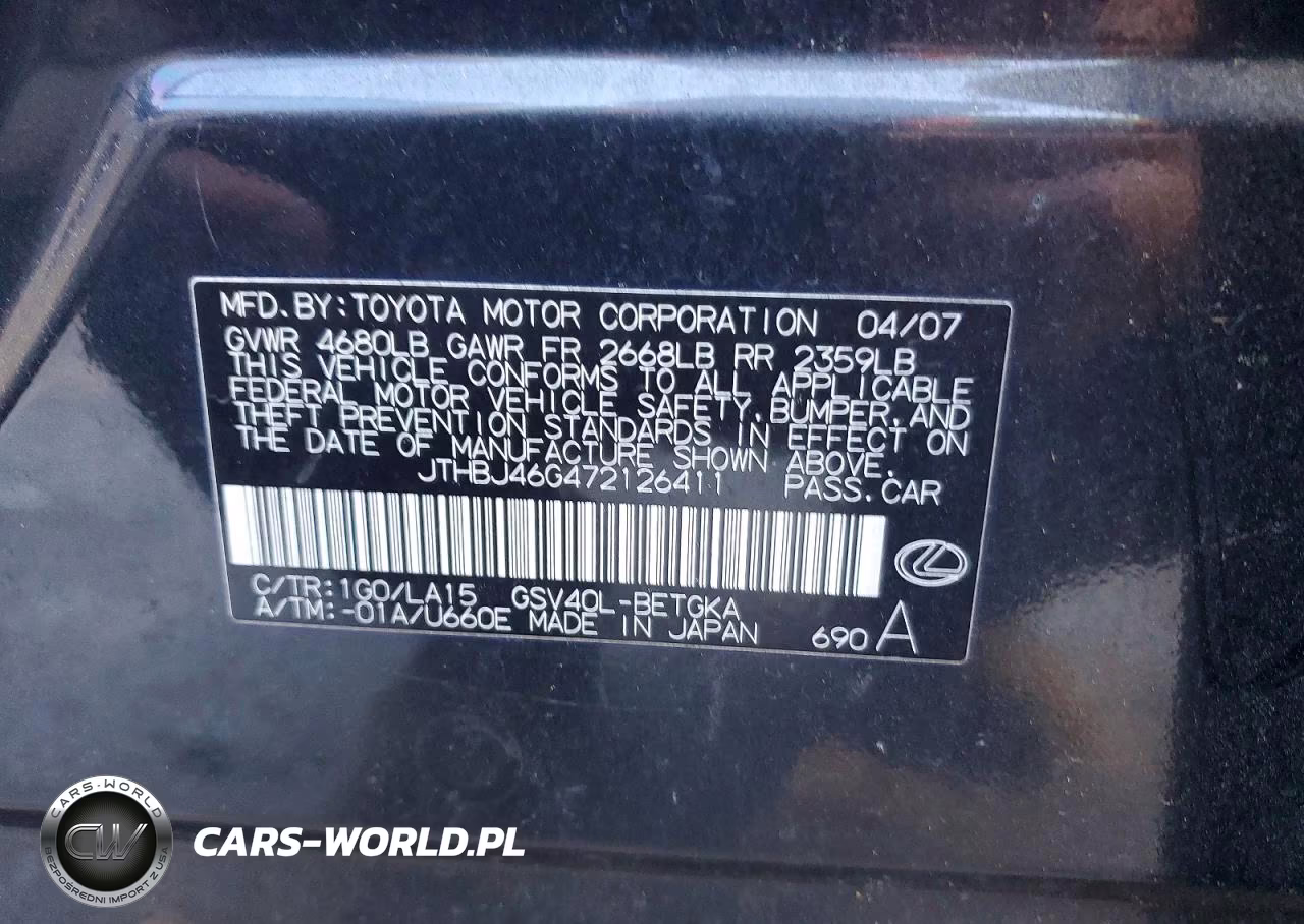 2007 Lexus Es 350 VIN:JTHBJ46G472126411 - 12
