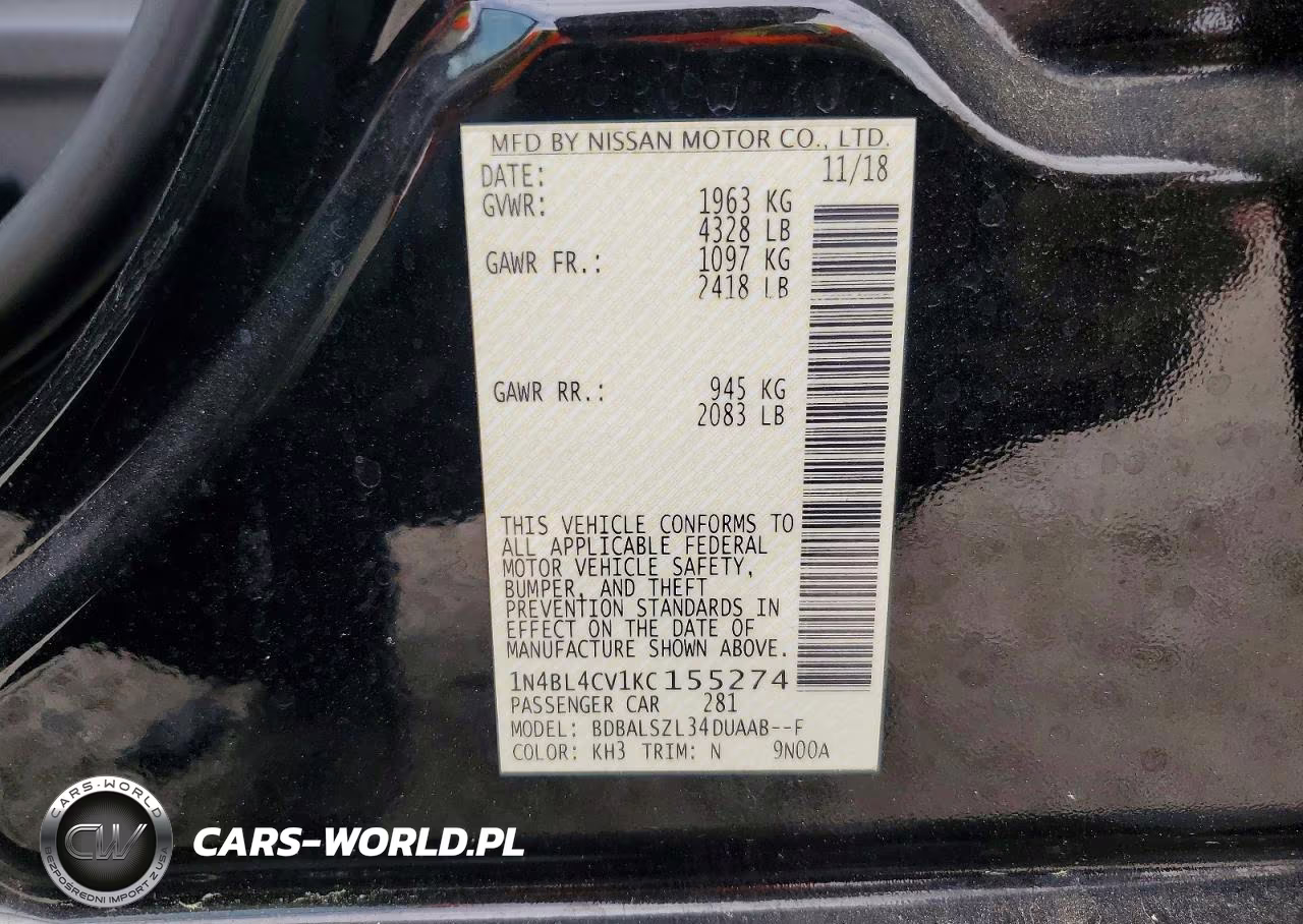 2019 Nissan Altima Sr VIN:1N4BL4CV1KC155274 - 13