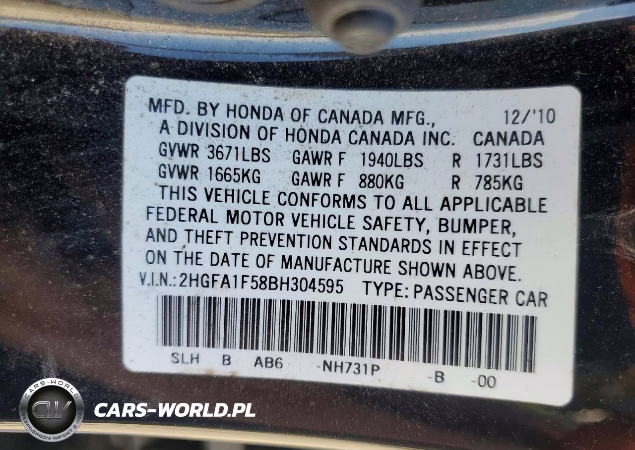 2011 Bcib Civic Sedan Ex-L Aut VIN:2HGFA1F58BH304595 - 12