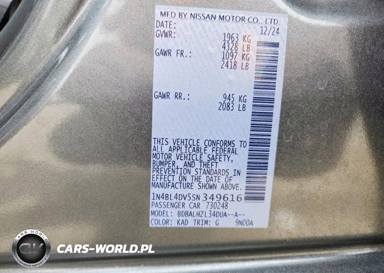 2025 Nissan Altima Sv VIN:1N4BL4DV5SN349616 - 12