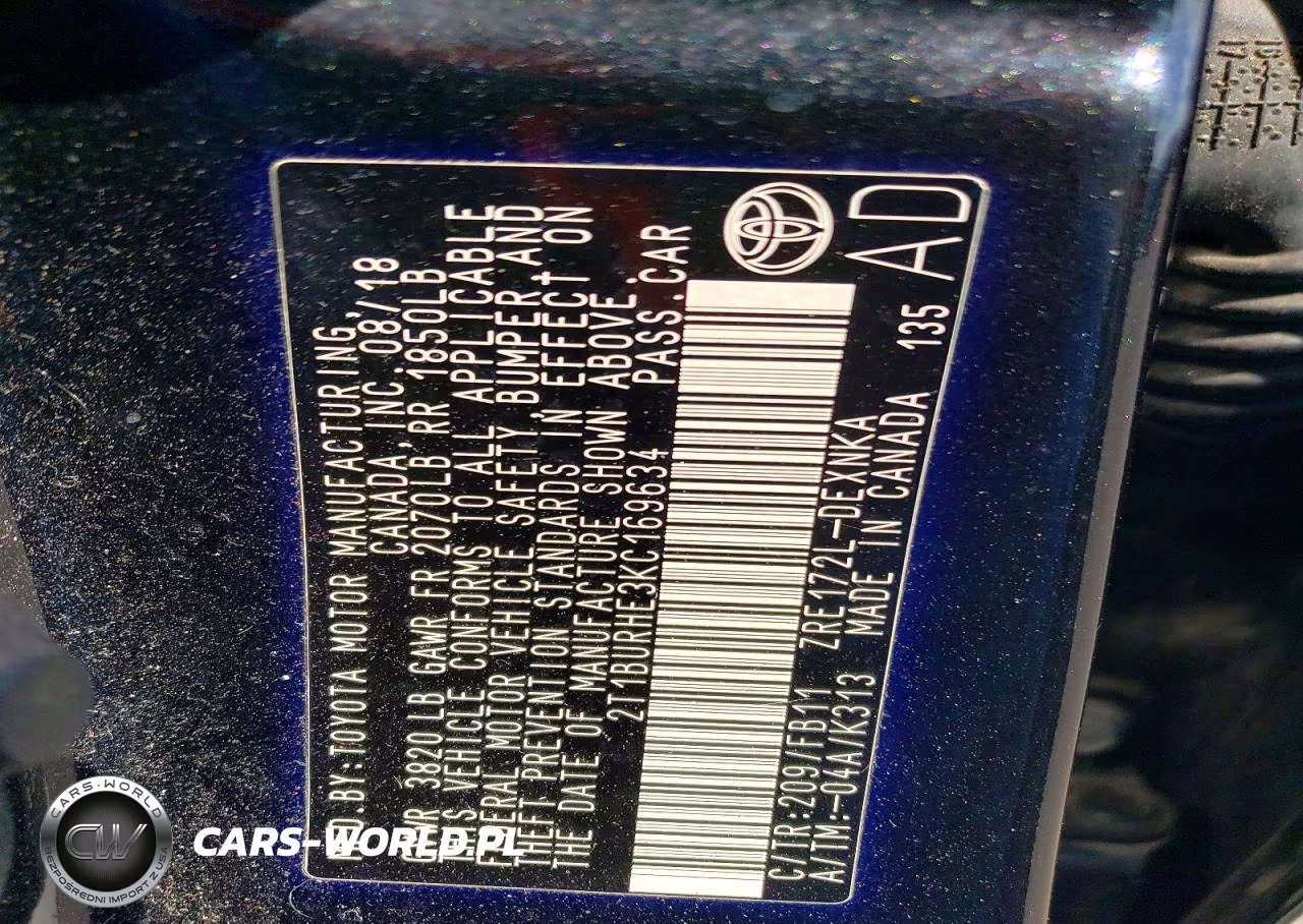2019 Toyota Corolla Le VIN:2T1BURHE3KC169634 - 12