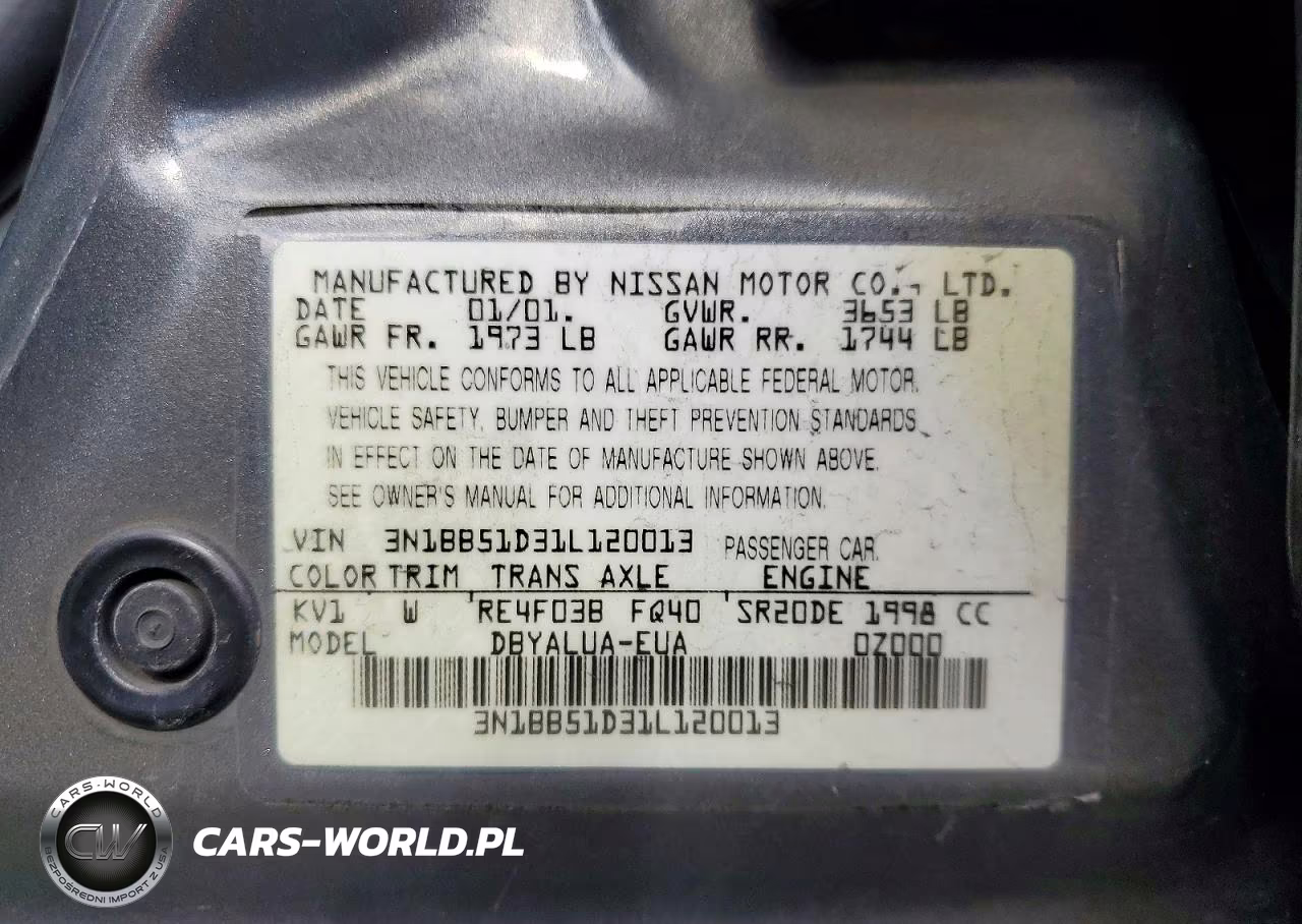 2001 Nissan Sentra Se VIN:3N1BB51D31L120013 - 12