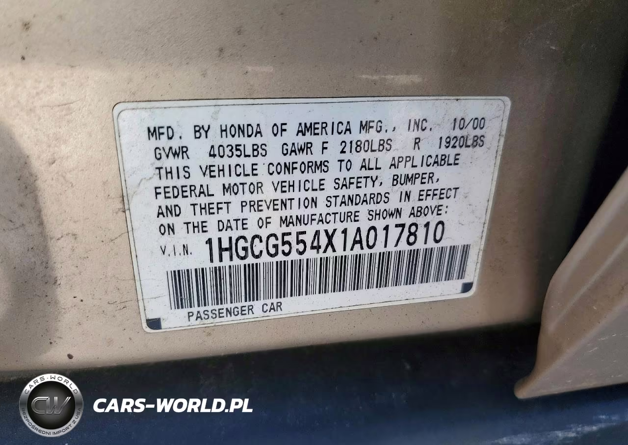 2001 Honda Accord Lx VIN:1HGCG554X1A017810 - 12