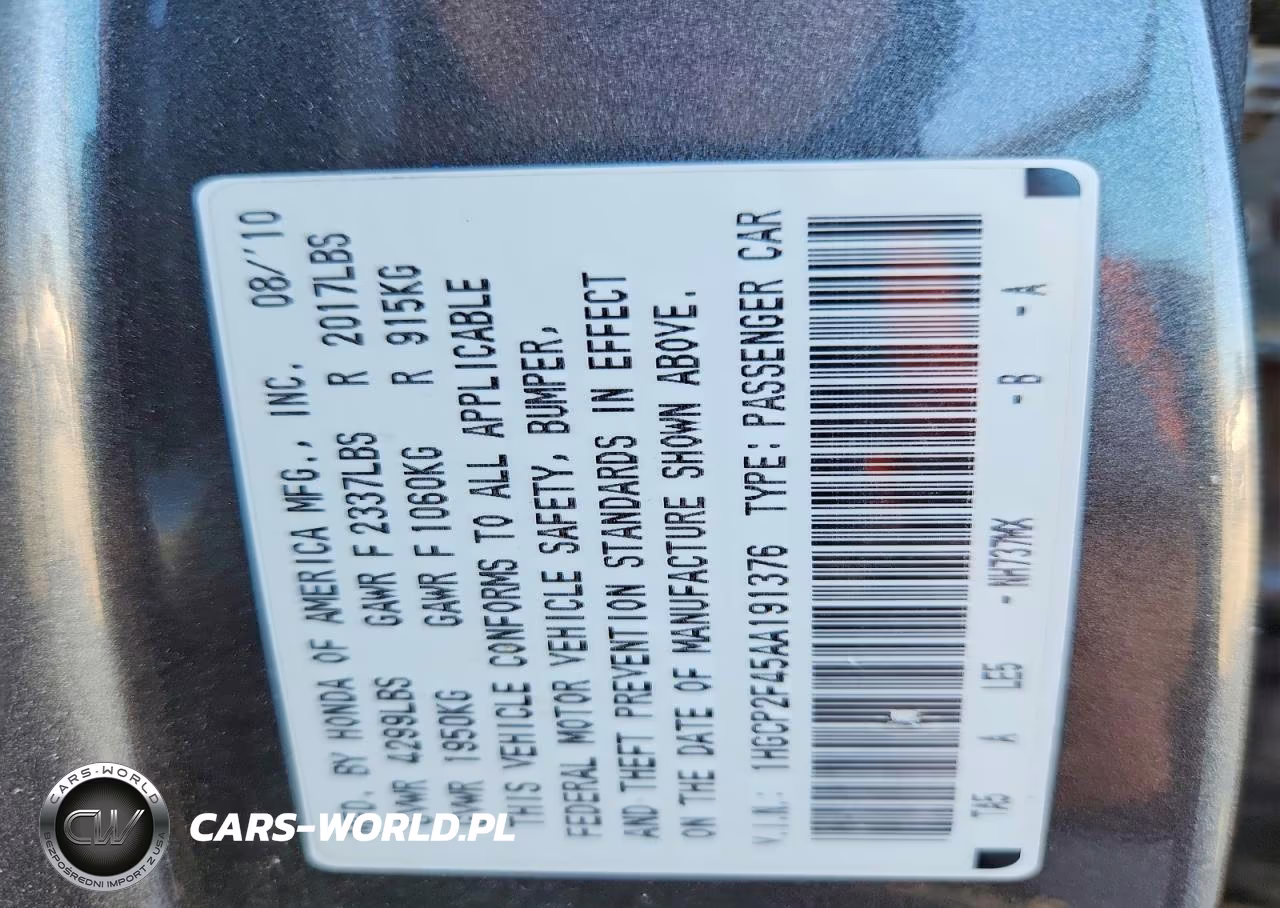 2010 Honda Accord Lxp VIN:1HGCP2F45AA191376 - 12