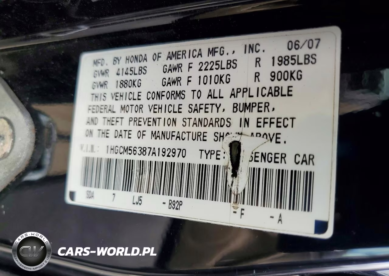 2007 Honda Unknown VIN:1HGCM56387A192970 - 12